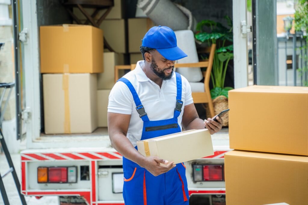 Moving service workers unloading boxes and checking list.