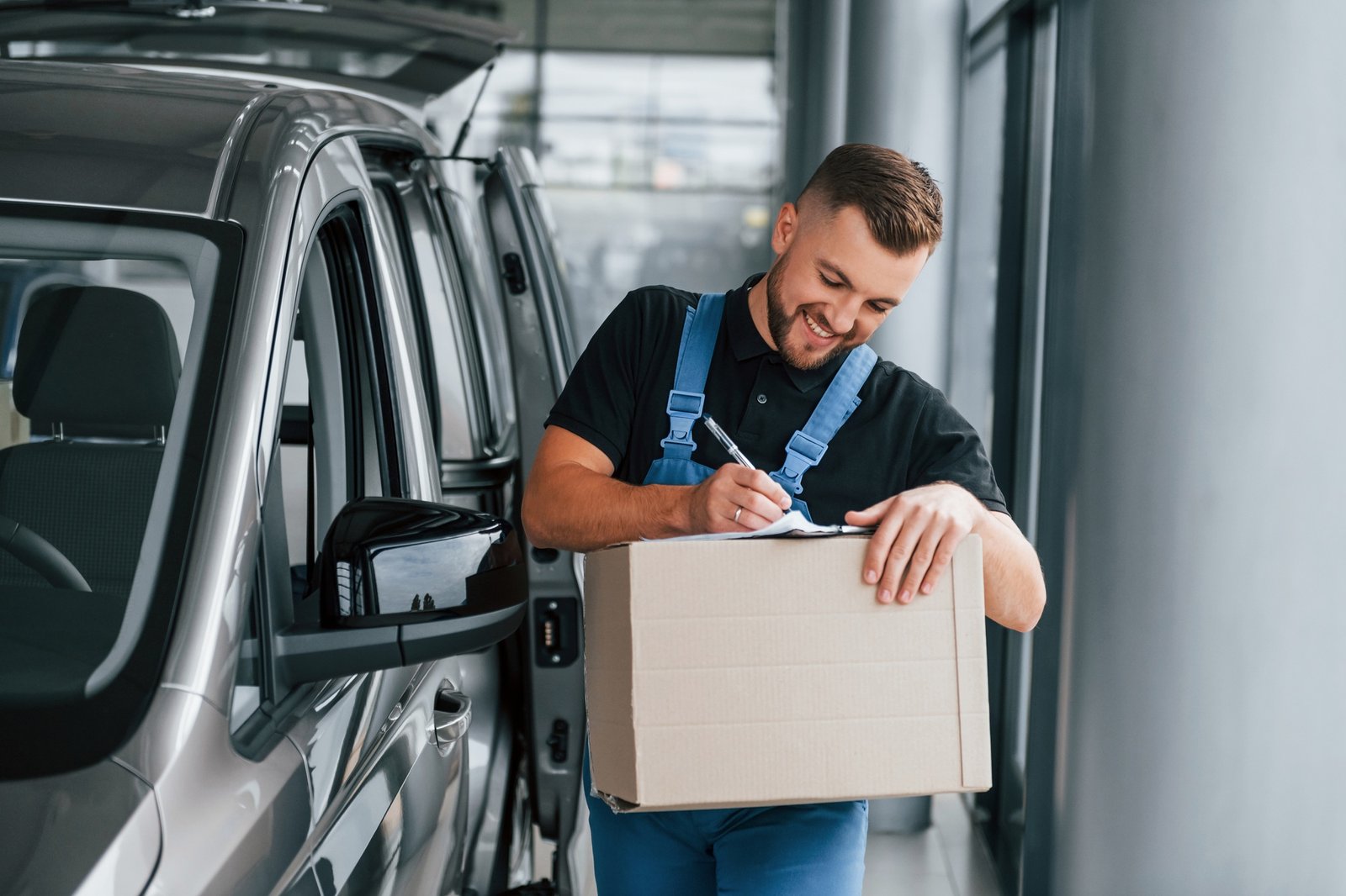 Paper box. Delivery man in uniform is indoors with car and with order Paper box. Delivery man in uniform is indoors with car and with order